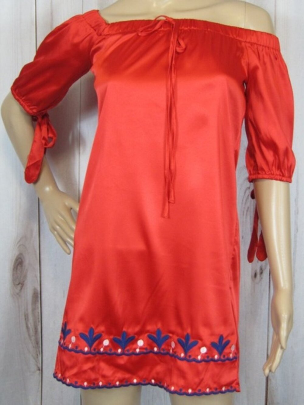 Mango Red Satin Off Shoulder Peasant Mini Dress Medium Embroidery Blue White NEW